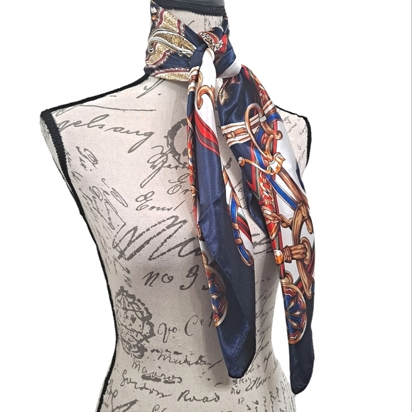 💖 2/$30 Satin oversized chain print blue boho paisley hair nautical Scarf NWT - Picture 6 of 13